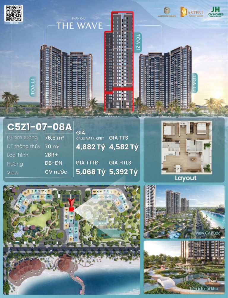 Sẵn căn 2 ngủ góc – Trục 08A tòa Z1 – Cực đẹp – Masteri Grand Coast – View Công Viên Nước – Giá CĐT